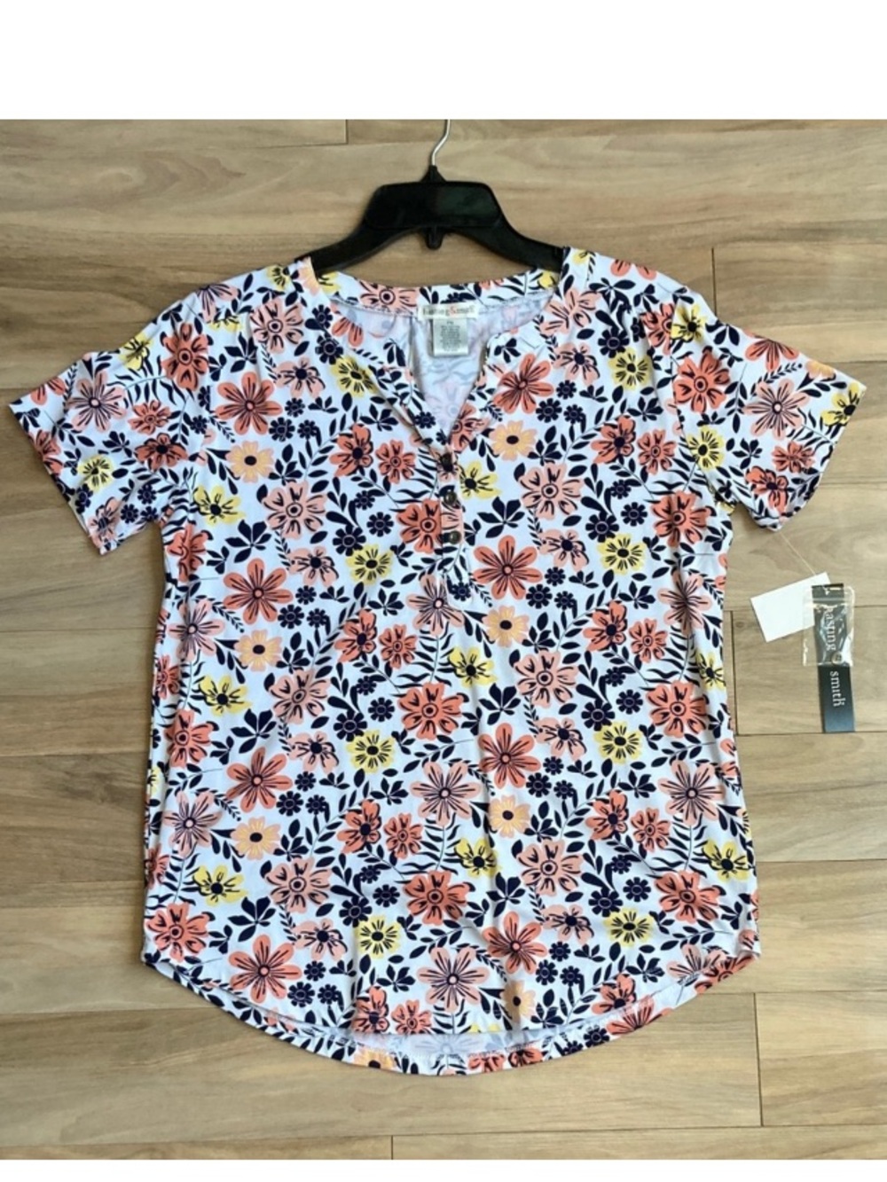 hasting & smith floral print pullover top white w flowers pattern PM M petite